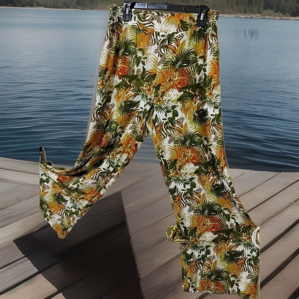 Tropical Floral Wide-Leg Pants - White/Green/Orange